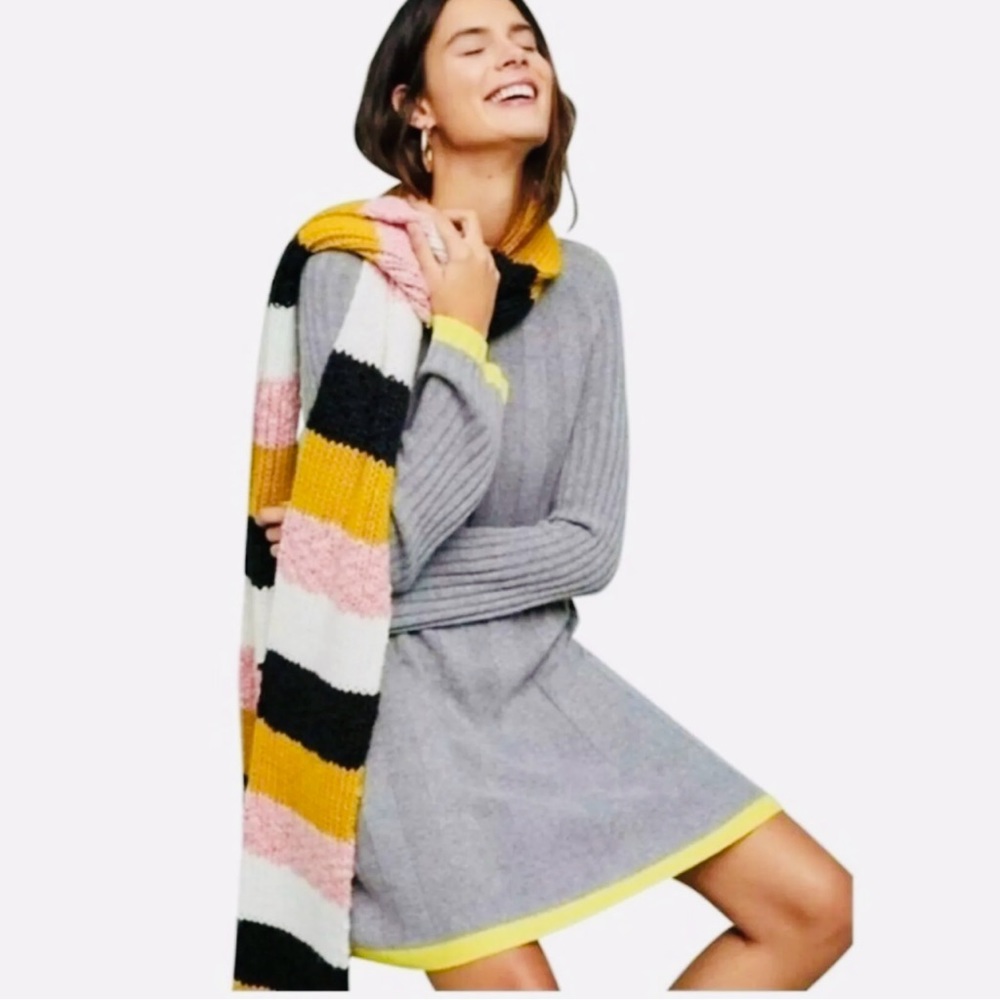 Anthropologie Sz.XS Arsenau Sweater Dress Gray Yellow Trim Wool Alpaca Knit NWOT